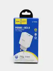 Белый блок питания 20W для быстрой зарядки QC3.0 Hoco C105A с двумя разъёмами