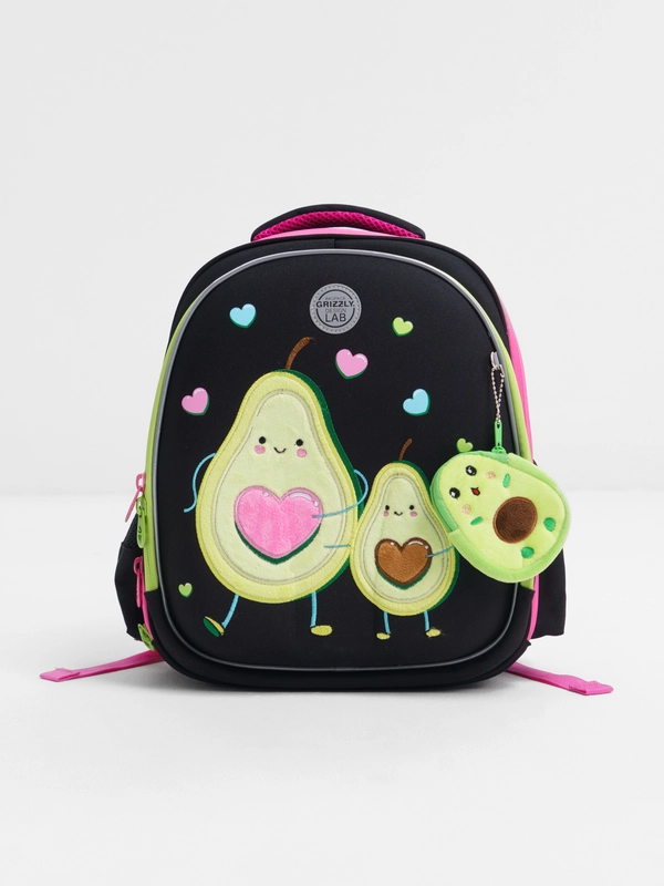 Рюкзак школьный, для девочки Grizzly анатомическая спинка, c брелоком, Avocado Love 271189