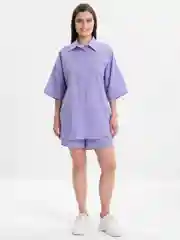 Сиреневый женский летний костюм с шортами, рубашка, шорты