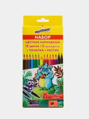 Карандаши цветные ЮНЛАНДИЯ МОНСТРИК набор 12 цветов+2 чернографитных карандаша+ластик+точилка