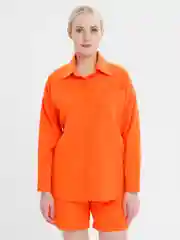 Оранжевый женский льняной костюм-рубашка, с шортами, размер единый 42-46