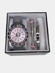 Кораллово-розовый женский подарочный набор: наручные часы с браслетом