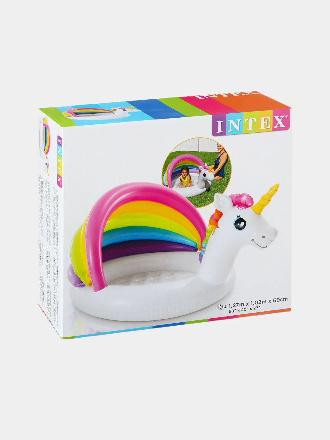 Розовый детский, надувной бассейн Intex, 127 х 102 х 69 см "Единорог", 45 л, 1-3 лет