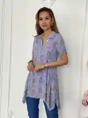 Голубой рубашка женская, туника удлинённая, повседневная, офисная