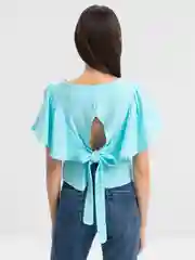 Бирюзовый топ женский, блуза с открытой спиной из муслина
