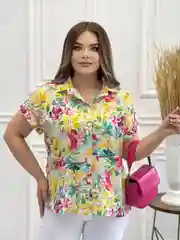 Лимонный рубашка женская, большие размеры, широкая, с коротким рукавом