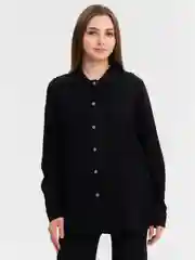 Черный женский брючный костюм: штаны с рубашкой, ткань жатка