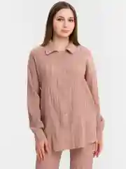 Бежевый женский брючный костюм: штаны с рубашкой, ткань жатка