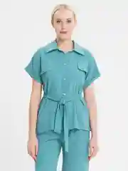 Мятный женский костюм: брюки и рубашка, ткань сингапур