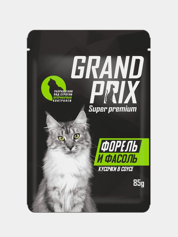 Влажный корм для кошек GRAND PRIX кусочки в соусе, Форель и фасоль, 24 штуки по 85г