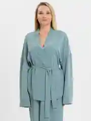 Бирюзовый костюм кимоно брючный, летний, шелковый