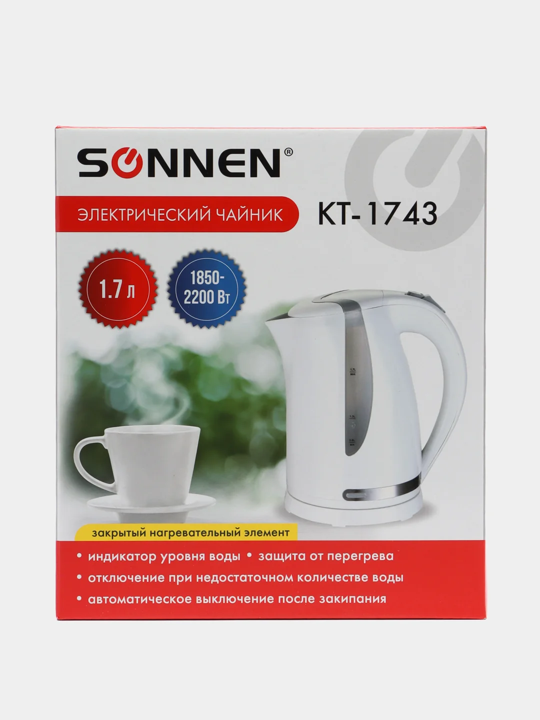 Чайник SONNEN KT-1743, 1,7л, 2200Вт, пластик, белый, 453414