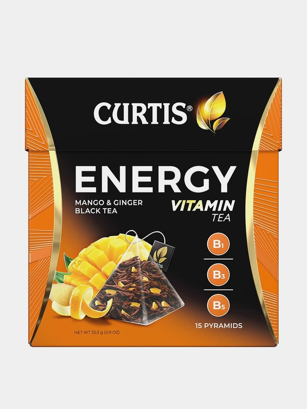 Чай черный Curtis Energy, 15 пирамидок, с ароматом манго и кусочками имбиря, 25,5 г