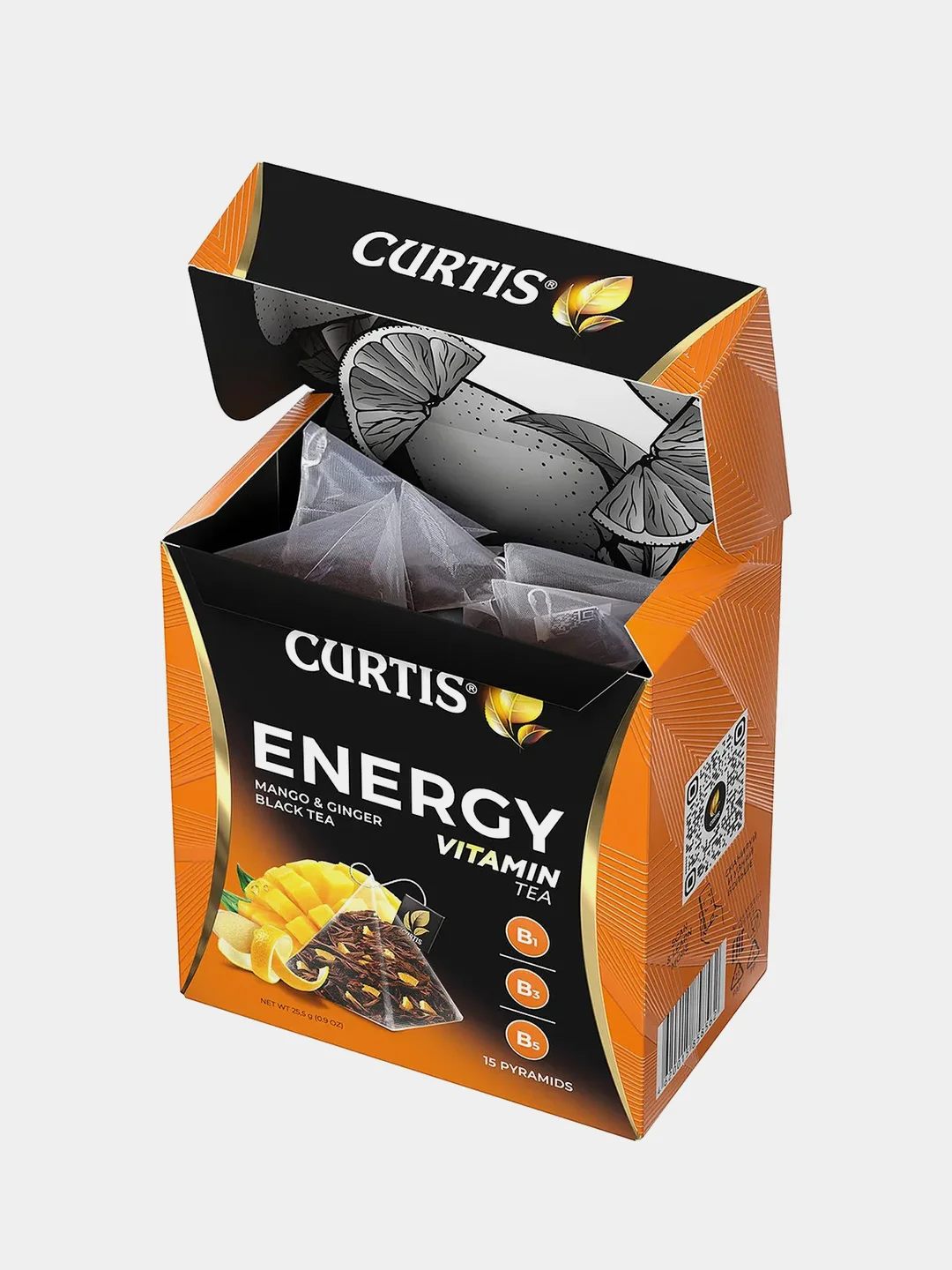Чай черный Curtis Energy, 15 пирамидок, с ароматом манго и кусочками имбиря, 25,5 г
