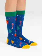 Синий носки женские новогодние, высокие, с яркими принтами, на подарок