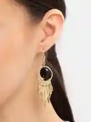 Серьги золотые, бохо, черный шарик, перья, кисточки на море
