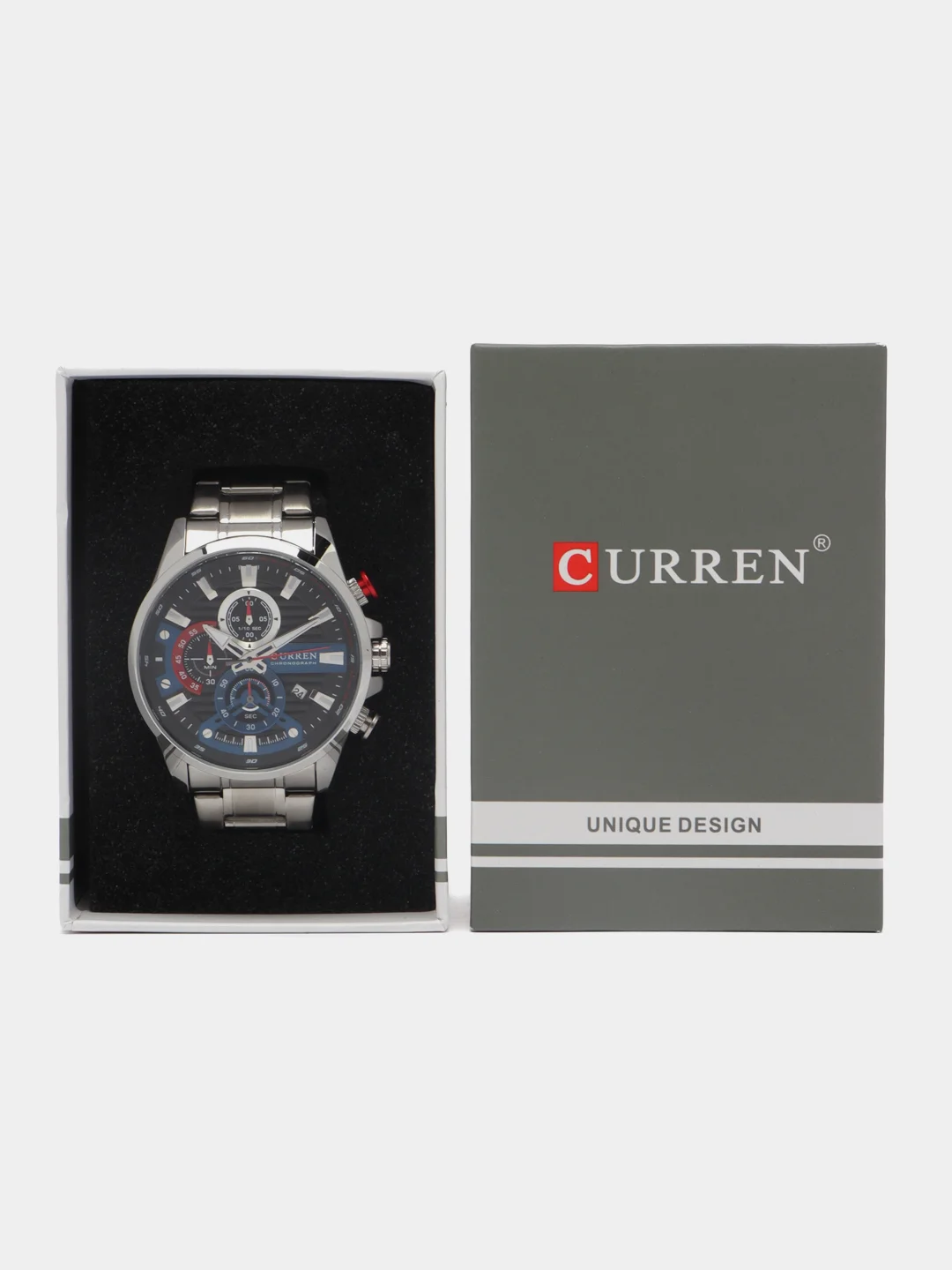 Серебряный мужские наручные часы Curren 8415 с хронографом в подарочной упаковке