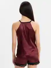Бордовый пижама женская, атласная, кружевная, майка и шорты