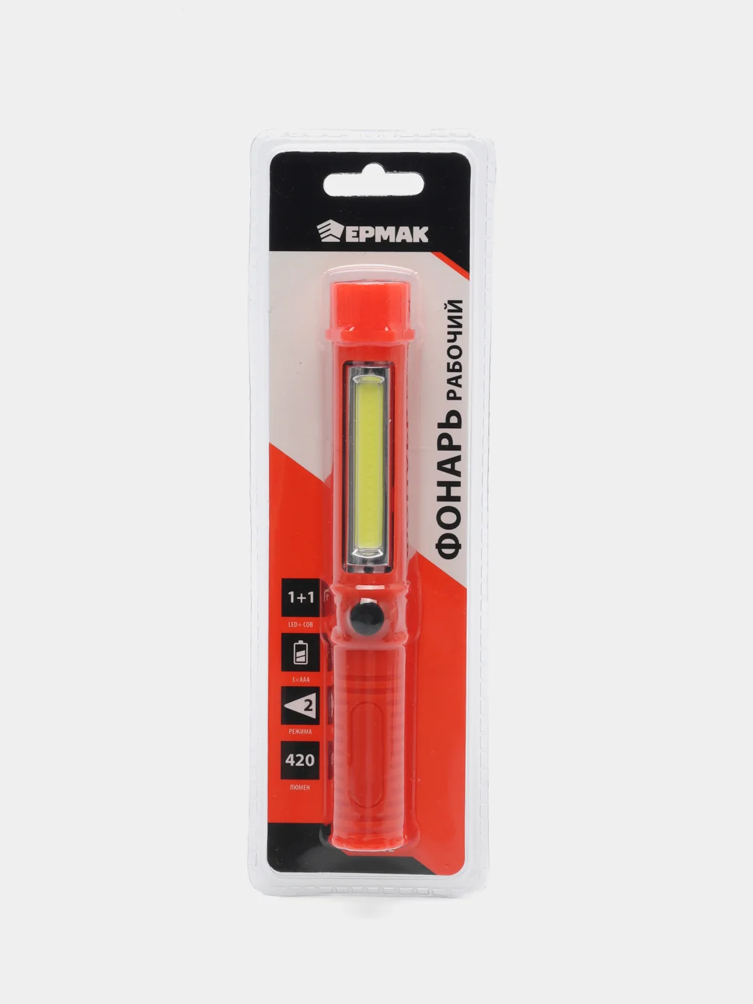 ЕРМАК фонарь, 1 COB + 1 LED, 3Вт + 1Вт, 3xAAA, 16 см, резино-пластик, 2 режима