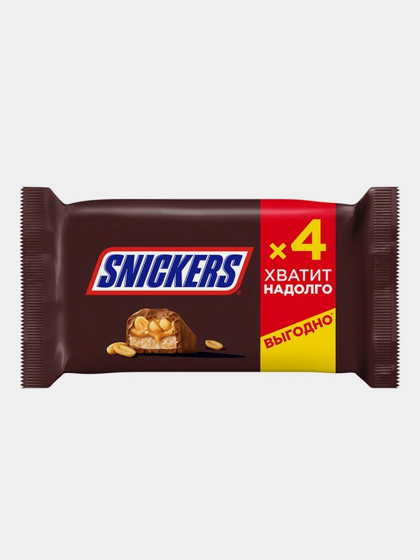 Шоколадный батончик Snickers, нуга, карамель, арахис, шоколад, мультипак, 4*40г