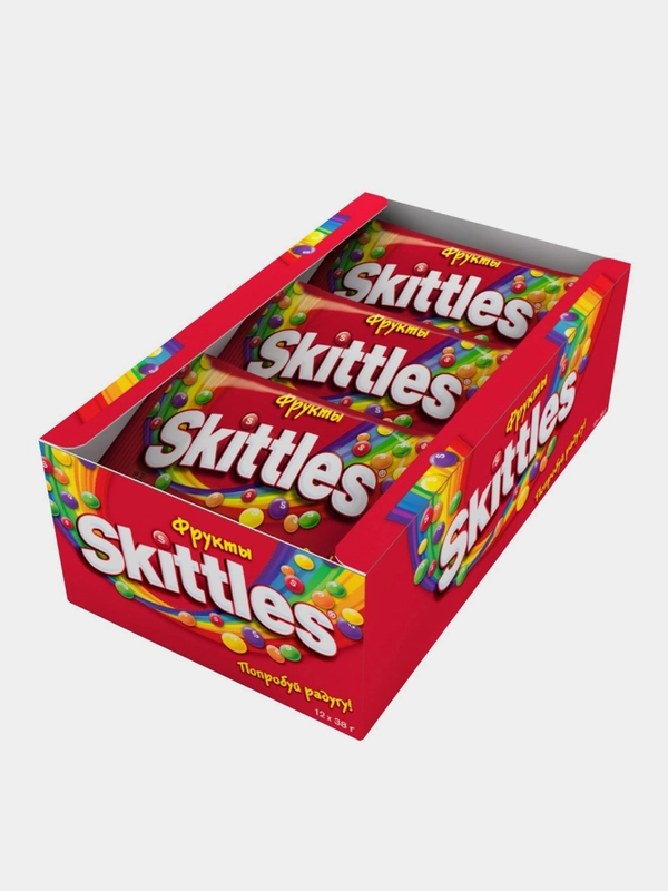 Драже в разноцветной глазури Skittles "Фрукты", упаковка, 12 штук по 38 г