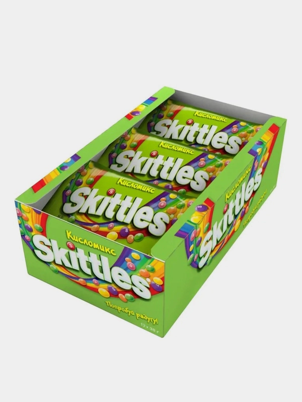 Драже в разноцветной глазури Skittles "Кисломикс", упаковка, 12 штук по 38 г