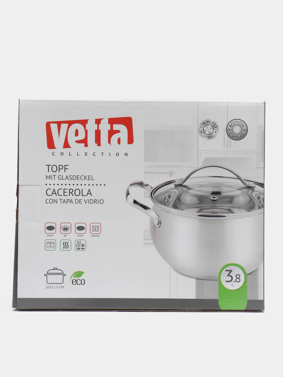 Кастрюля Vetta "Женева", со стеклянной крышкой, индукция, 20 х 11,5 см, 3,8 л