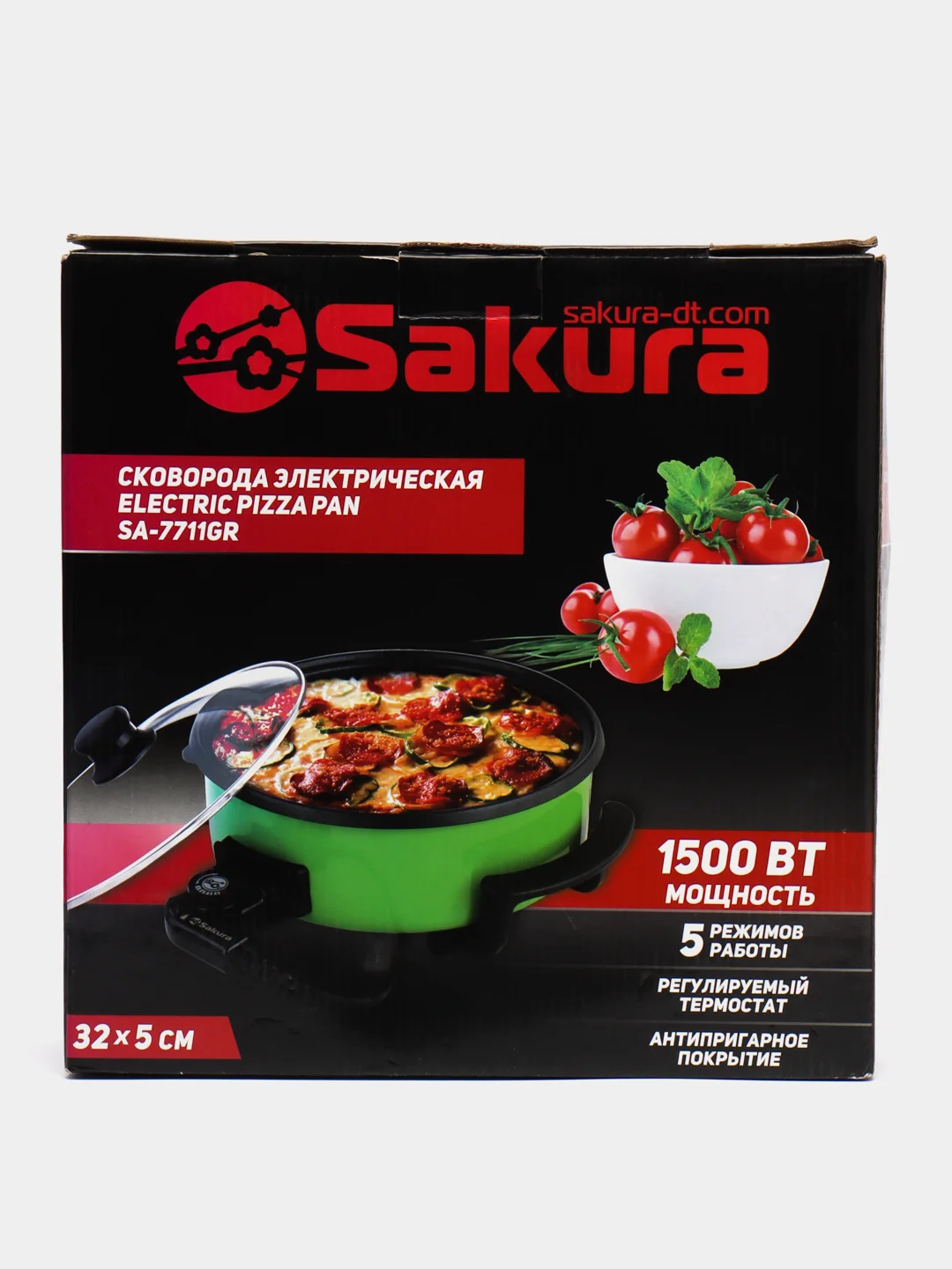 Электросковорода SA-7711GR, TM SAKURA, 1500Вт, 32-5 см, круглая, зеленая