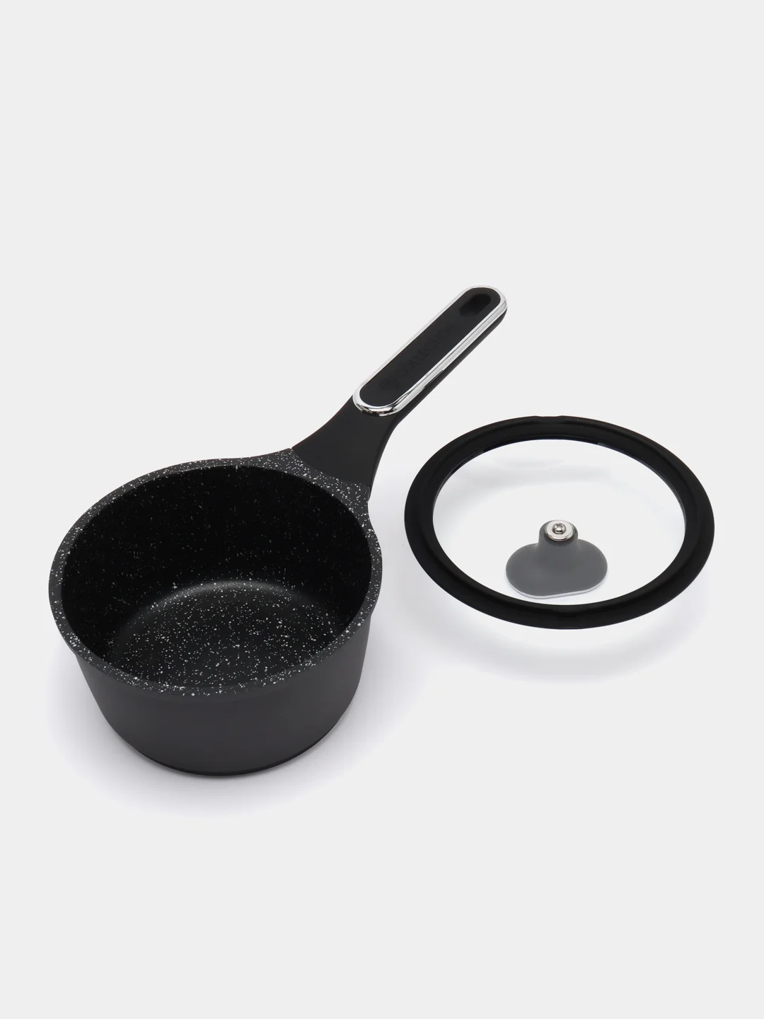 Черный ковш 1,4 л с крышкой,  антипригарное покрытие мрамор, индукция, BY COLLECTION