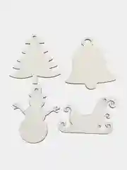 Деревянные новогодние ёлочные игрушки белые, 4 шт: снеговик, колокольчик, ёлочка, сани