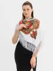 Молочный платок женский, в русском стиле, с бахрамой, с цветами