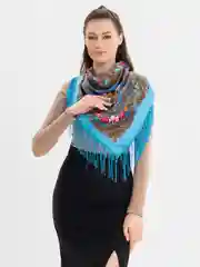 Бирюзовый женский русский платок, с бахромой