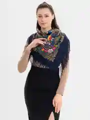 Темно-синий женский русский платок, с бахромой