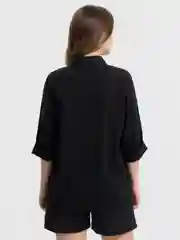Черный женский костюм-двойка: рубашка, шорты, ткань лен