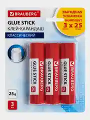 Клей-карандаш канцелярский для бумаги и картона, 25 г, Brauberg, 3 штуки, 271306