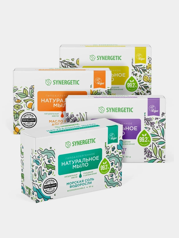 Натуральное туалетное мыло SYNERGETIC "Ассорти", твердое, кусковое, 4*90г