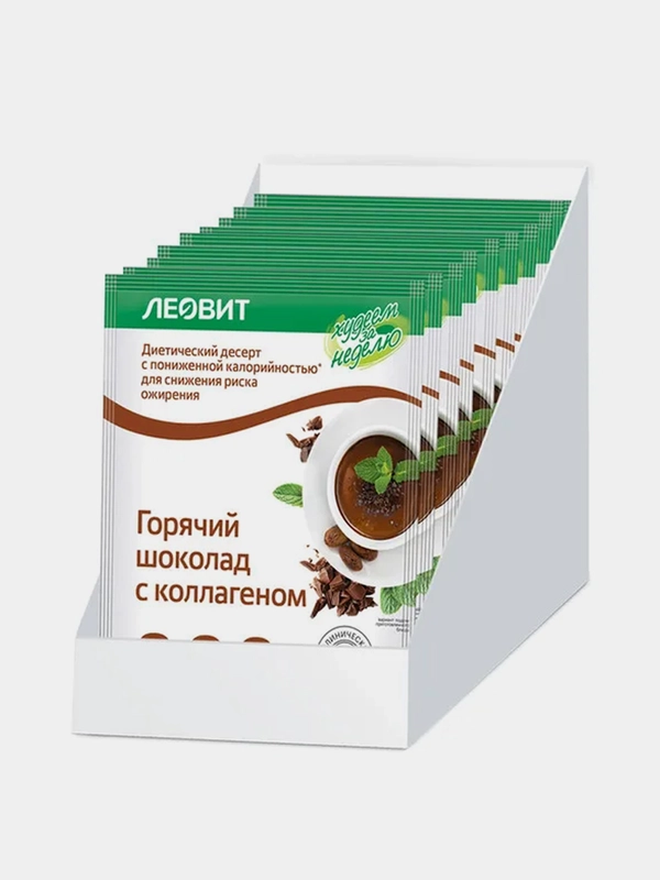Горячий шоколад с коллагеном Леовит, Худеем за неделю, 6 пакетов по 26 г, упаковка 156 г