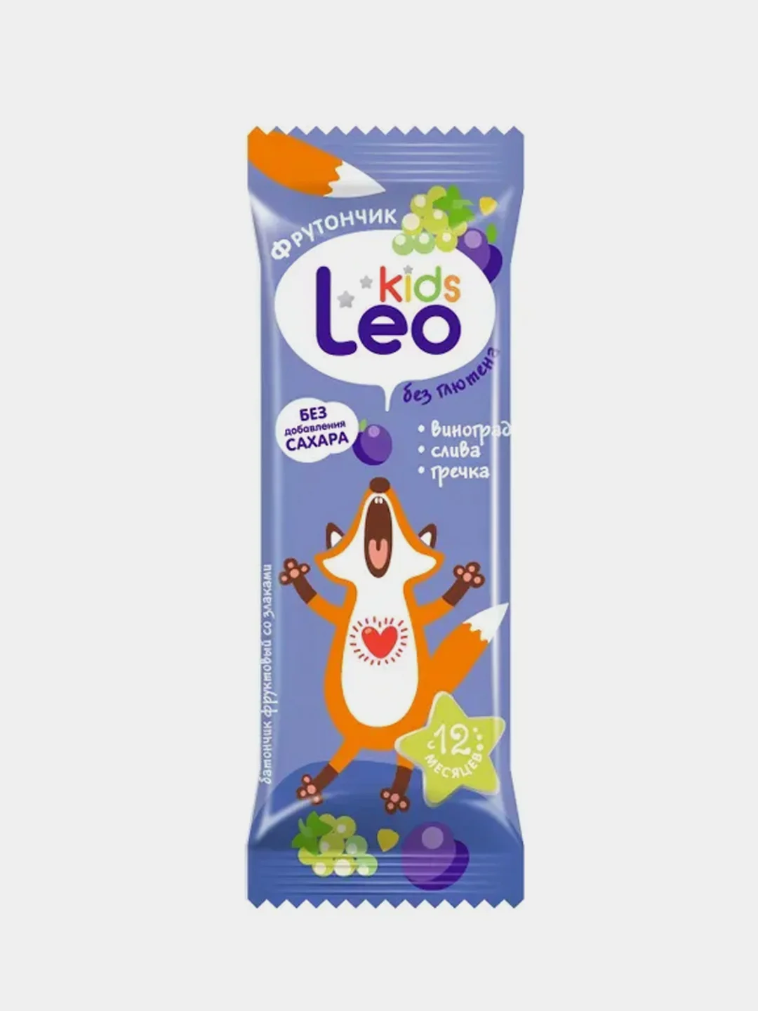 Батончик фруктовый Leo Kids со злаками виноград, слива, гречка, упаковка, 24 шт по 20 г