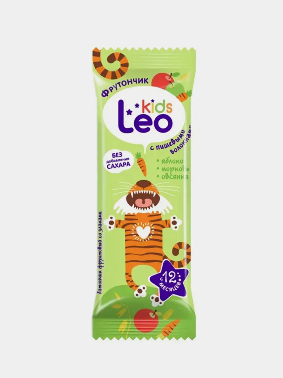 Батончик фруктовый Leo Kids со злаками яблоко, морковь, овсянка, упаковка, 24 штуки*20 г