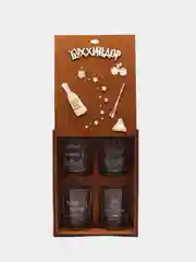 Коричневый подарочный набор: 4 бокала для виски "Бухля", с 3D гравировкой, в деревянной коробке