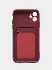Багровый чехол на iPhone (Айфон) 11, 13, 14, 7 8 Plus X XR XS, 12 Mini Pro Max, с карманом для карт