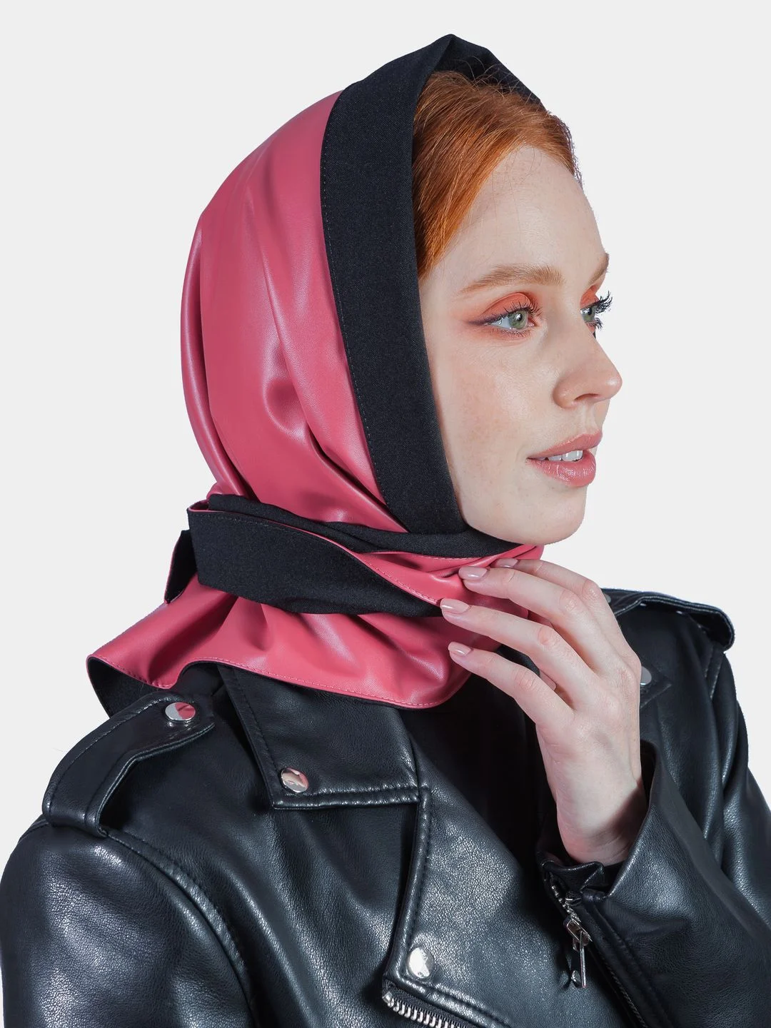 Кораллово-розовый косынка кожаная двусторонняя, платок женский из экокожи