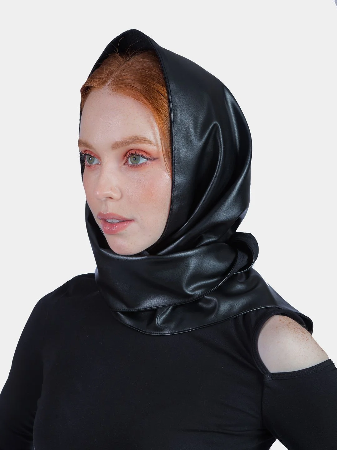 Черный косынка кожаная двусторонняя, платок женский из экокожи