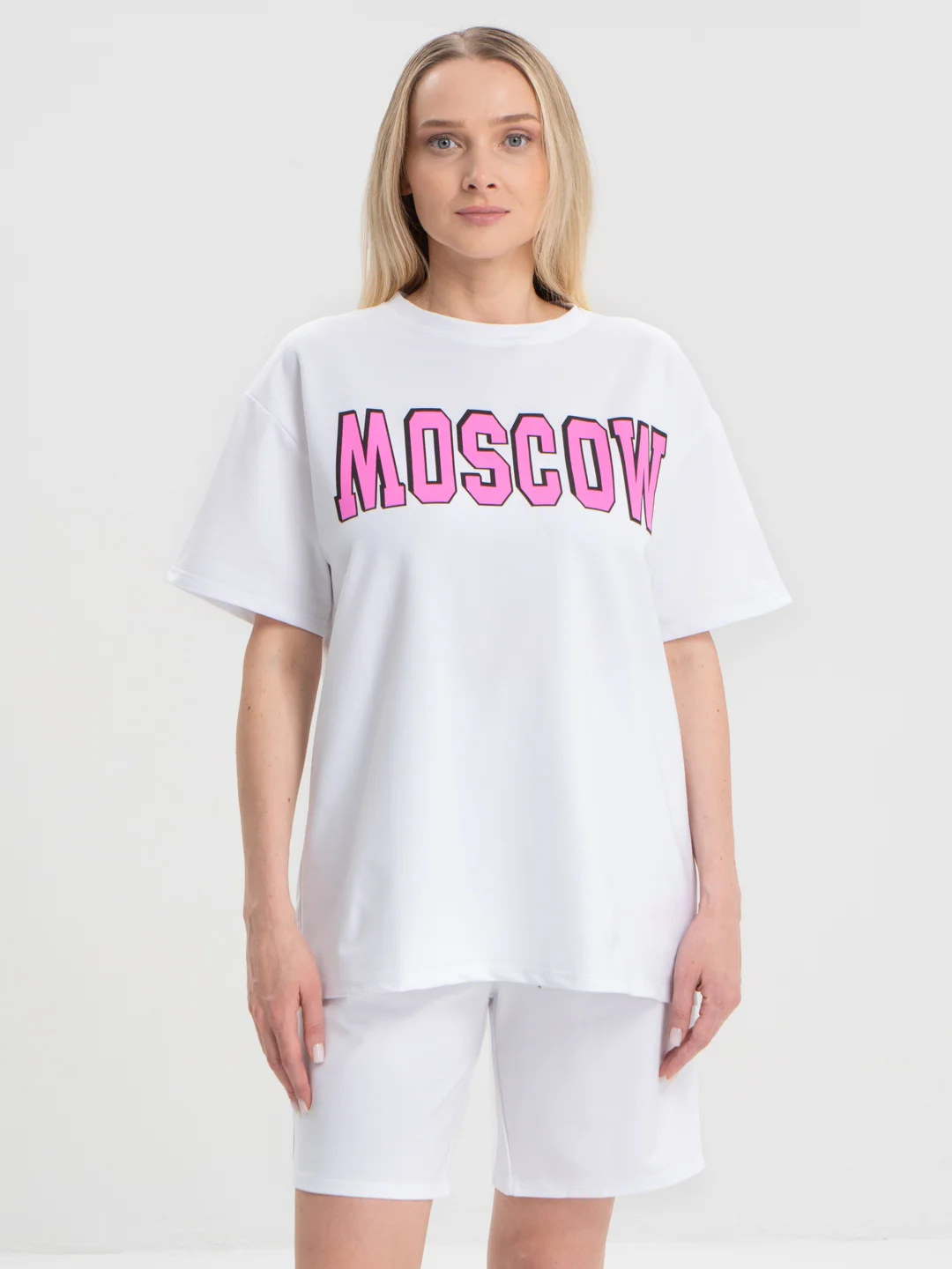 Белый женский костюм-двойка, футболка с шортами, с принтом "Moskow", оверсайз