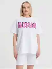 Белый женский костюм-двойка, футболка с шортами, с принтом "Moskow", оверсайз