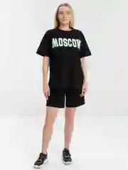 Черный женский костюм-двойка, футболка с шортами, с принтом "Moskow", оверсайз