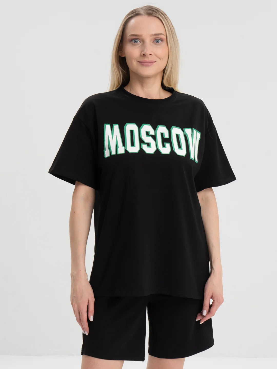 Черный женский костюм-двойка, футболка с шортами, с принтом "Moskow", оверсайз