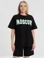 Черный женский костюм-двойка, футболка с шортами, с принтом "Moskow", оверсайз