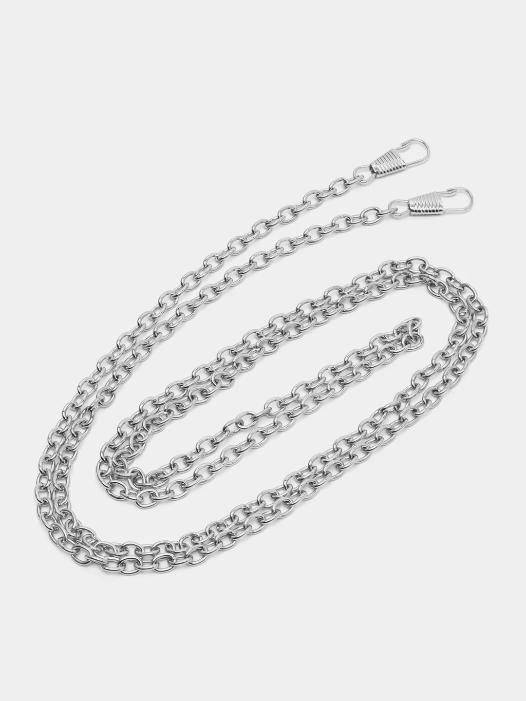 Серебряный цепочка для сумки с маленькими карабинами, 120 см