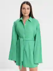Зеленый платье женское, нарядное, мини, плиссированное, рукава клеш